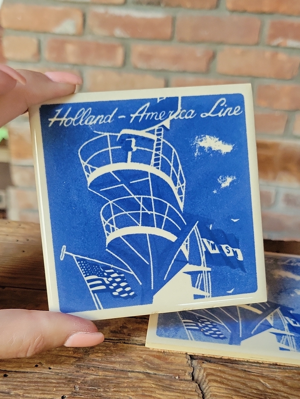 Vintage Holland-America Cruise Line Blue Nautical Ceramic Coasters, Set Of 2